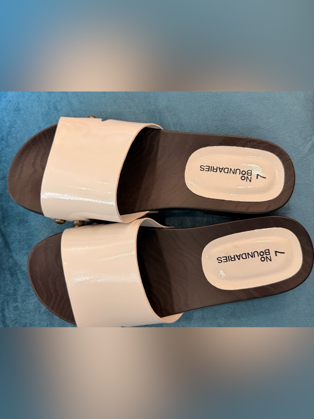 No Boundaries Cream Patent Slide Sandals for Women - Wide Strap Slip-On
